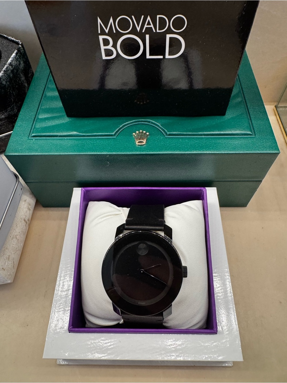 Movado Black Minimalist Men's Watch with Black Dial and Strap